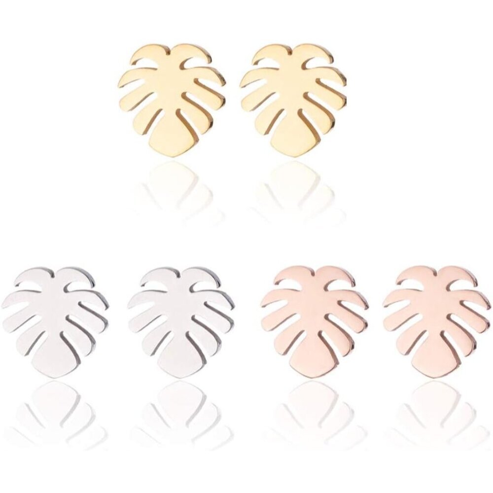 Simple Stainless Steel Monstera Leaves Stud Earring for Women and Mens Punk Trop